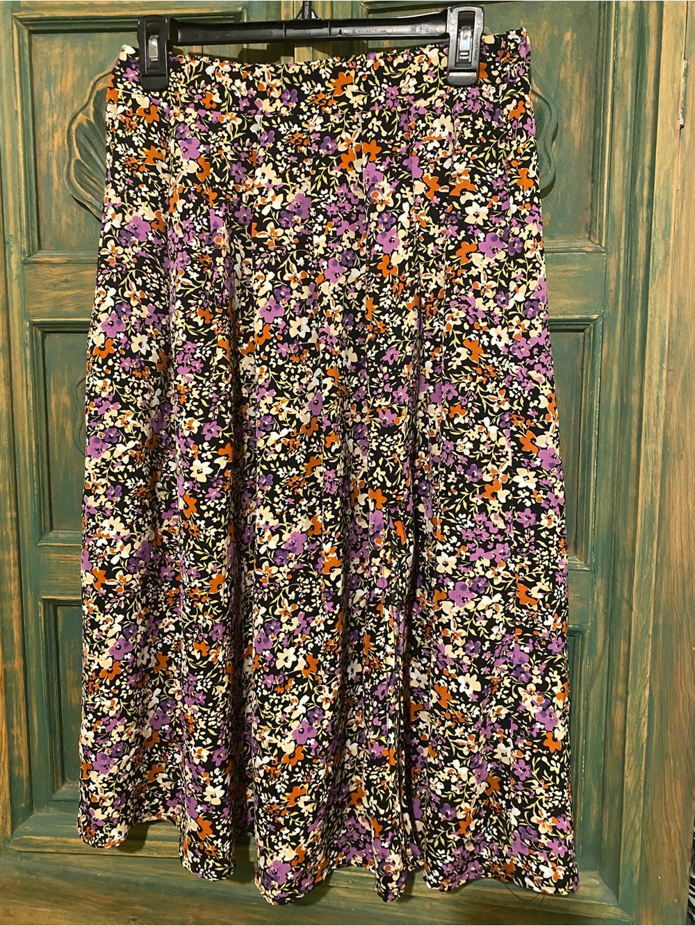SHEIN Black Floral Circle Skirt with Purple & Orange Accents